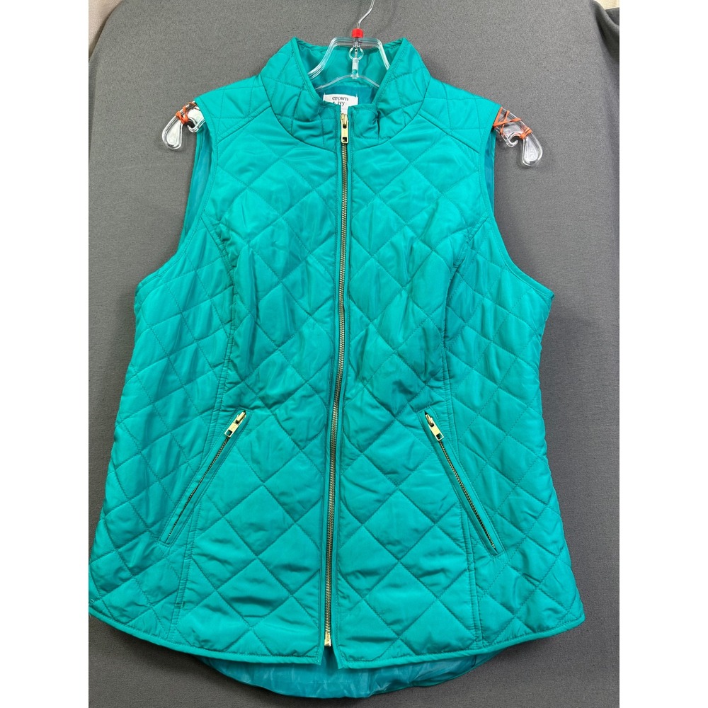 Crown & Ivy Womens Teal Green Quilted Full Zip Vest Mock Neck Gold Hardware M